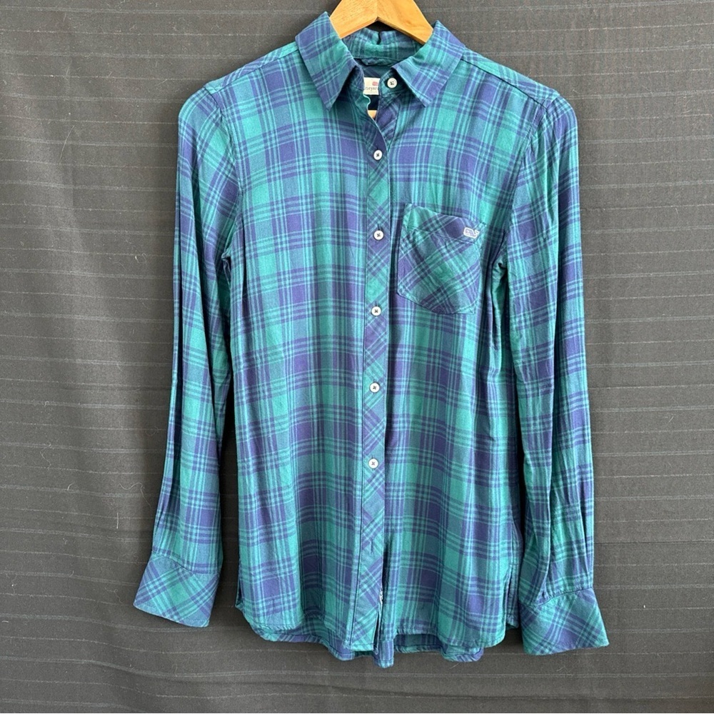 Vineyard Vines Womens Blue Green Plaid Collared Long Sleeve Button Up Shirt 00